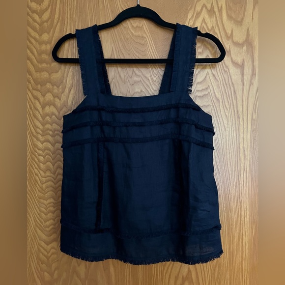 J Crew Navy Linen Sleeveless Blouse with Rows of Fringe. - Picture 7 of 7